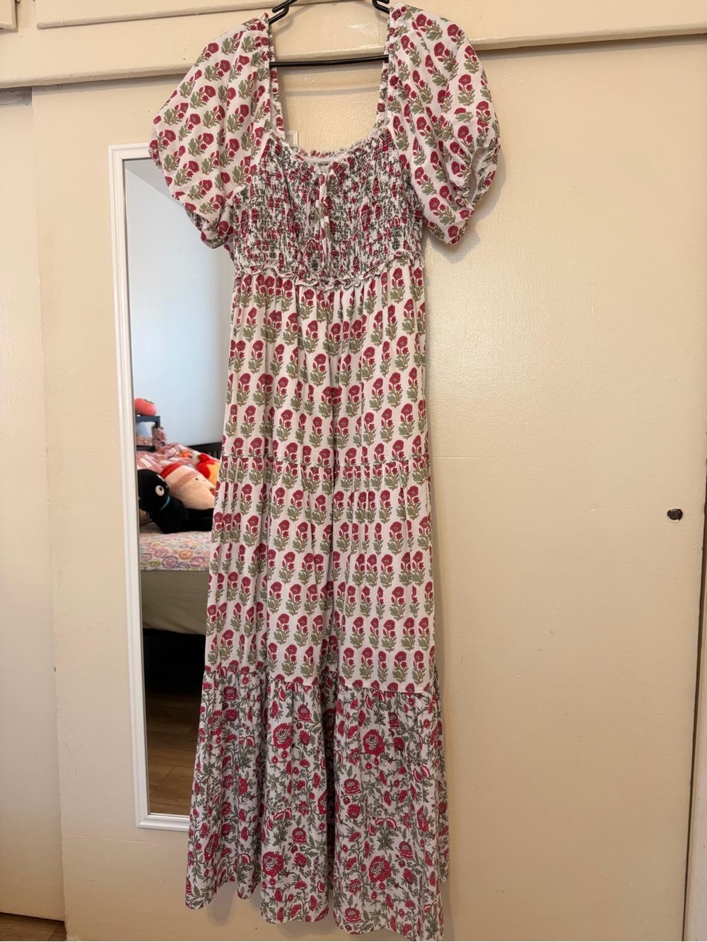 Smocked Puff-Sleeve Maxi Dress in White with Pink Floral